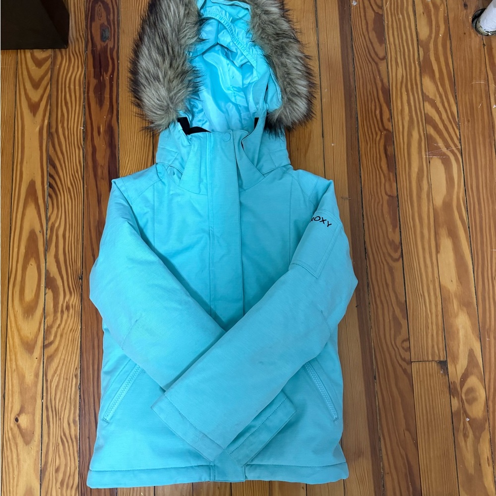 Roxy Turquoise Blue Kids Puffer Jacket with Faux Fur Hood